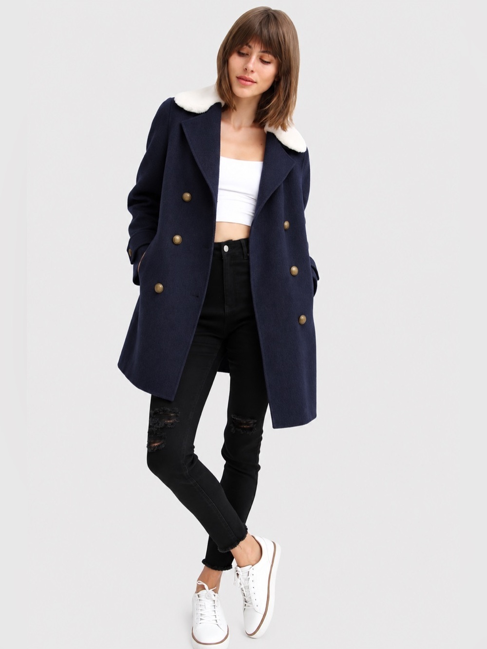 Belle & Bloom Liberty Sherpa Collar Wool Blend Coat L NWT Navy Peacoat
